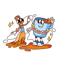 Groovy paint and paintbrush cartoon characters dance. Funny retro builders tools to paint wall dancing, fun construction mascot, cartoon painter equipment sticker of 70s 80s style vector illustration