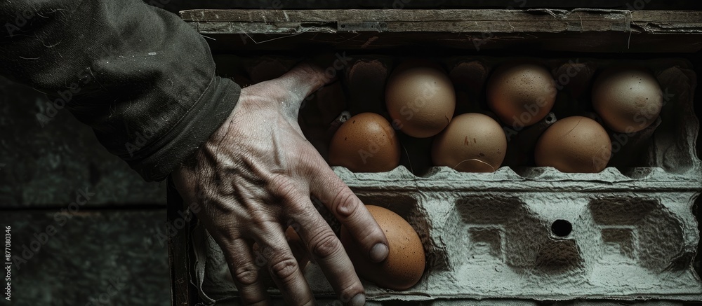 Poster a hand reaches for eggs in a carton box in a dark, moody composition with a background featuring fre