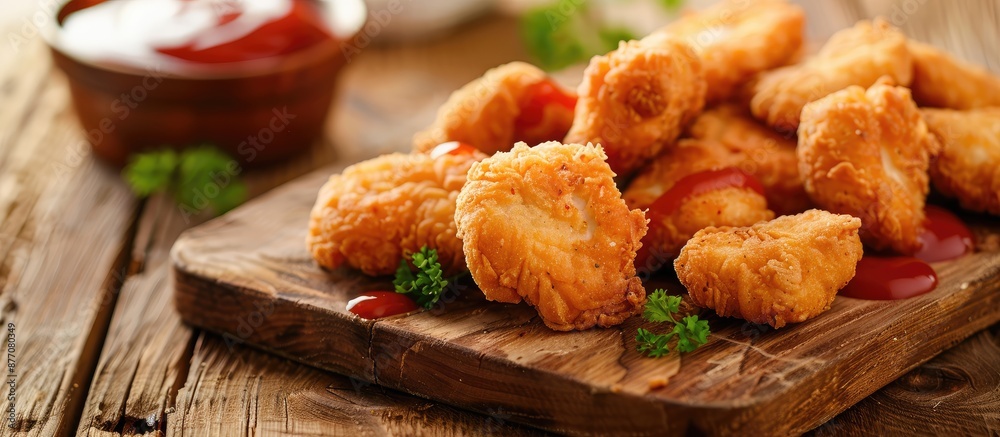 Poster on the table lies a wooden board with delicious chicken nuggets accompanied by a flavorful sauce, cr