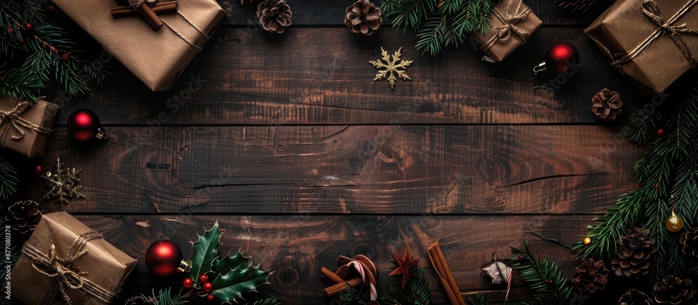 Poster Wooden backgrounds featuring Christmas concepts arranged in a flat lay style, with ample copy space for personalized text or images.