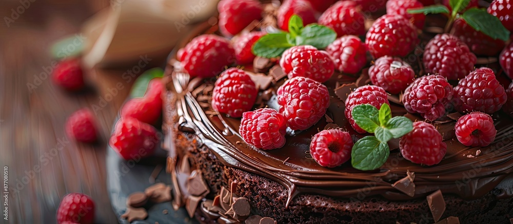 Poster detailed close-up image of a chocolate cake adorned with raspberries and mint, offering room for you