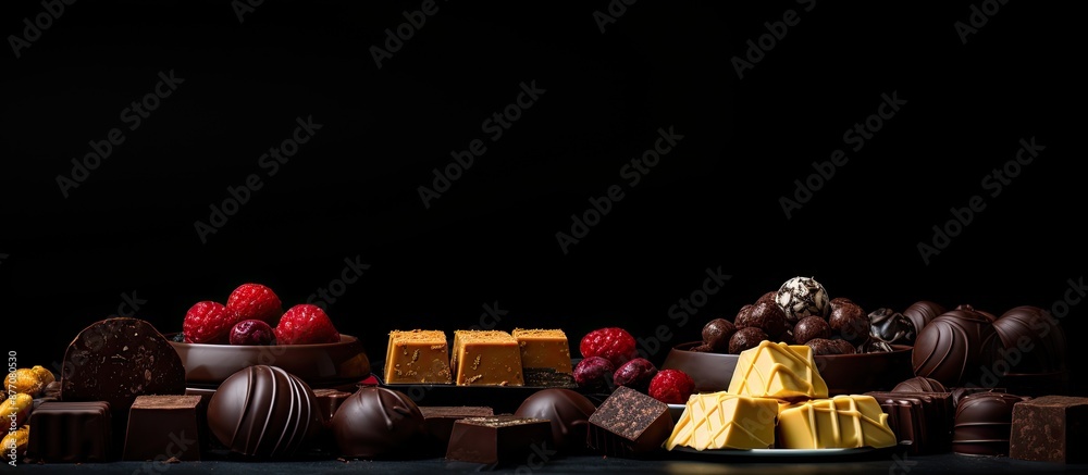Aufkleber Diverse chocolate displayed in various containers on a black and brown background alongside a copy space image.