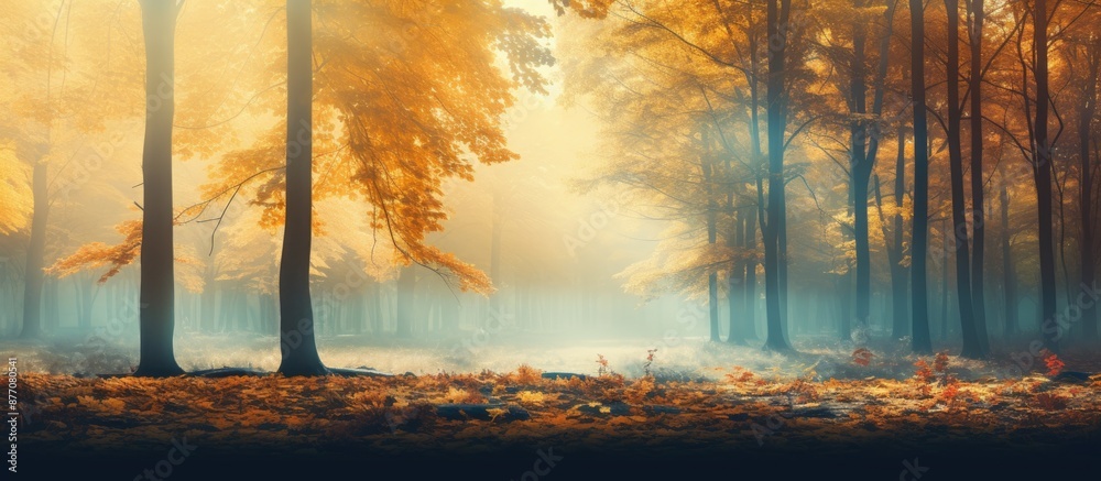 Poster Vivid autumn forest scenery with sunlight filtering through trees, creating an abstract blur effect. Nature landscape with colorful hues and copy space image.