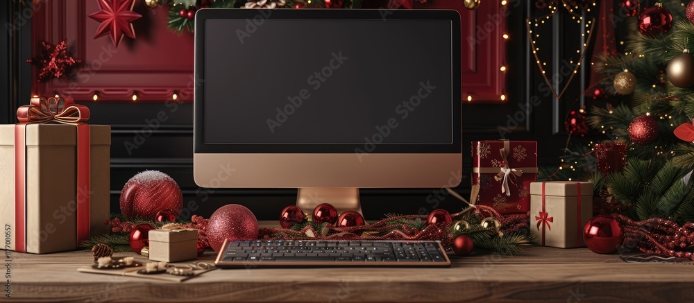 Aufkleber Festive setting with a computer screen mockup displaying blank copy space image on a table adorned with Christmas decorations and gift boxes in brown and red.