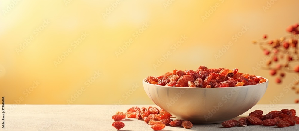 Poster light background enhances bowl filled with dried barberries, creating an appealing copy space image.