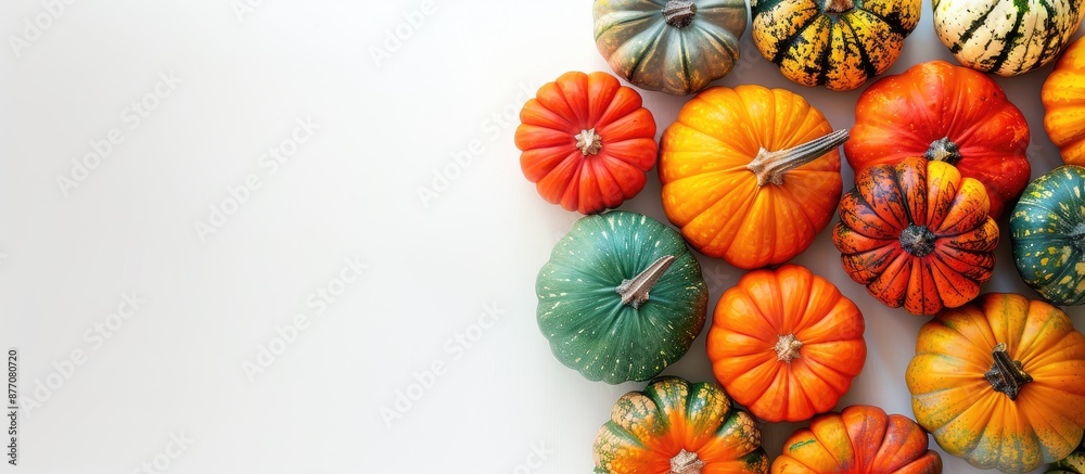 Poster Top view of pumpkins on a white background with space for text - a creative autumn-themed image perfect for Thanksgiving.