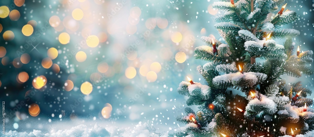 Poster snow-covered fir tree decorated for christmas with a magical light bokeh backdrop, creating a charmi