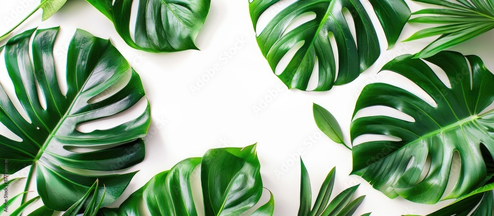 Leinwandbilder Monstera leaves on a white background are featured in this tropical botanical copy space image, perfect for nature concepts and flat lay with a clipping path.