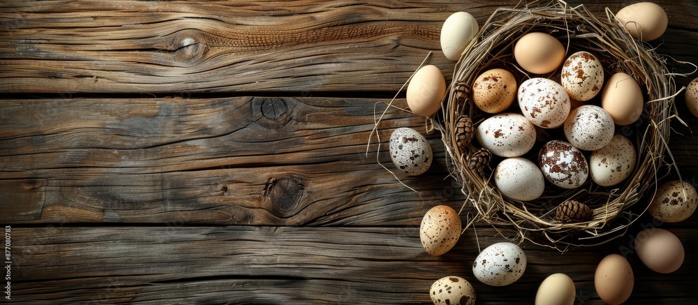 Aufkleber Top view of a wooden table with a nest holding chicken and quail eggs, surrounded by Easter eggs, providing ample copy space image.