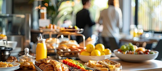 Enjoy a luxurious breakfast buffet in a hotel with family during brunch, captured in a copy space image.