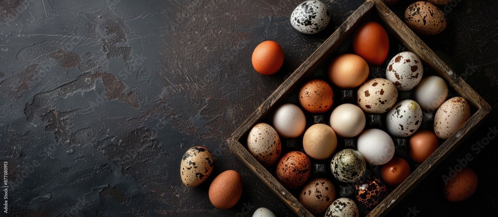 Poster A box with chicken and quail eggs placed on a dark background, with ample copy space image incorporated.