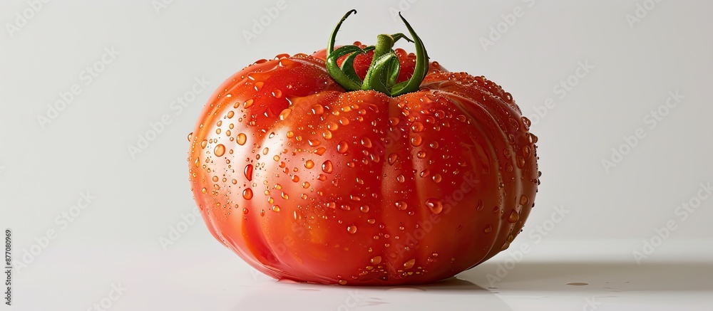 Poster large and flavorful red beefsteak tomato with a white background featuring red drops offers great co