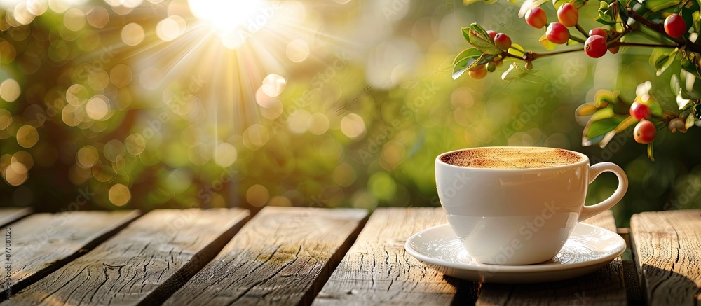 Poster coffee in a white cup placed on a wooden table outdoors with empty space for adding images.