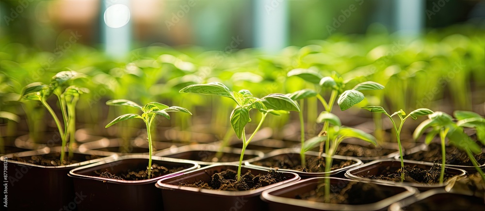 Poster nature-themed image of tomato seedlings in a greenhouse with selective focus showcasing copy space i