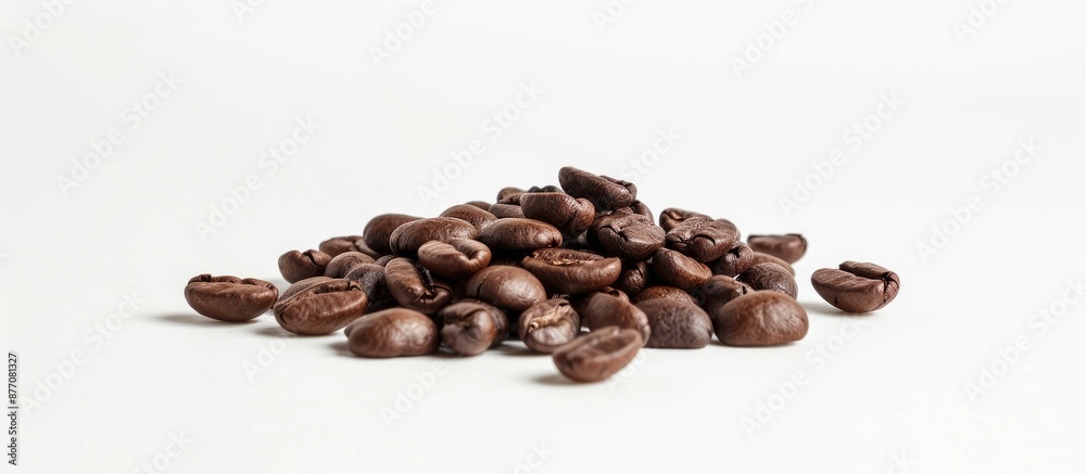 Poster a photograph of coffee beans with a plain white background, ideal for use as a copy space image.