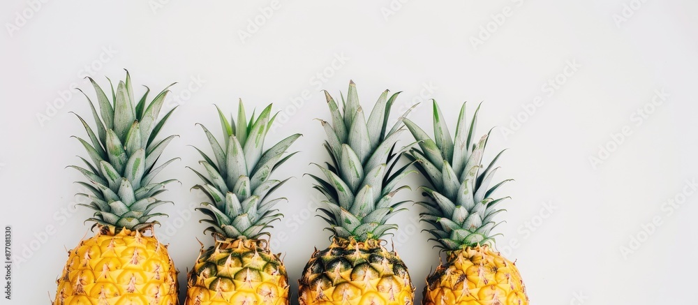 Poster a white background showcases three vibrant pineapples with leafy tops. copy space image.