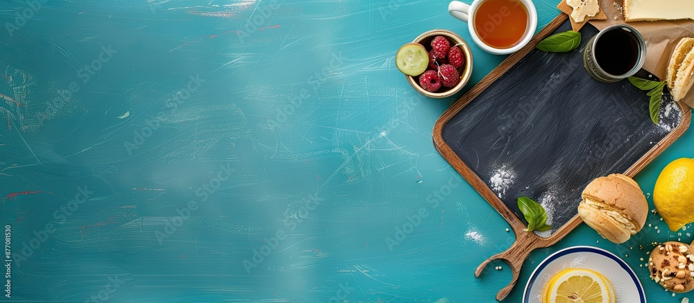 Fototapete Flat lay image of a chalkboard-style menu template on a blue paper background, with room for text or graphics.
