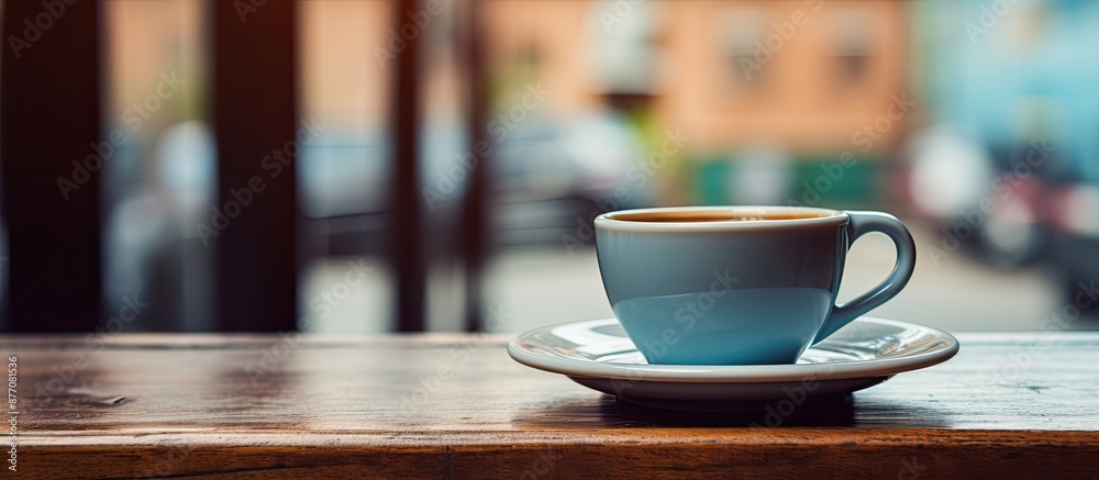 Sticker Coffee cup on a table in a cafe, showing copy space image.