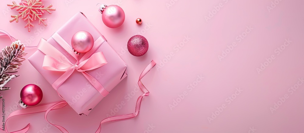 Poster minimalistic christmas composition featuring gift box with ribbon and baubles on a pink background i