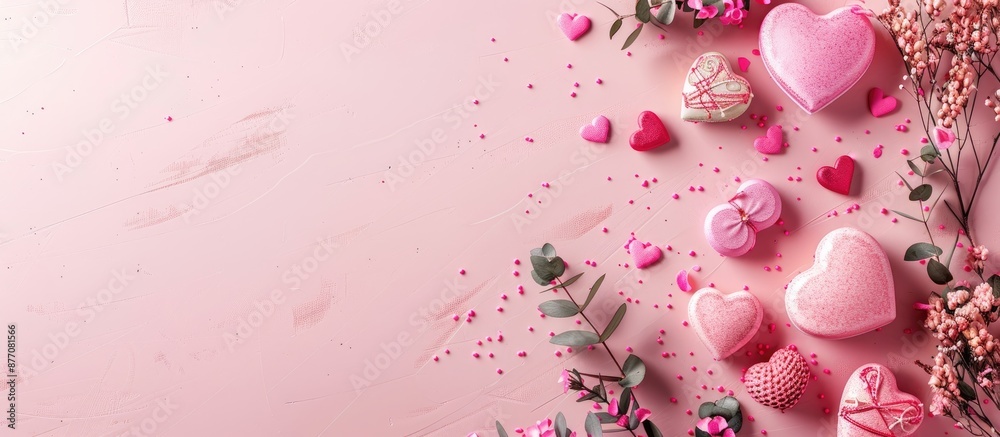 Poster pink background with valentine's day elements and copy space image incorporated.