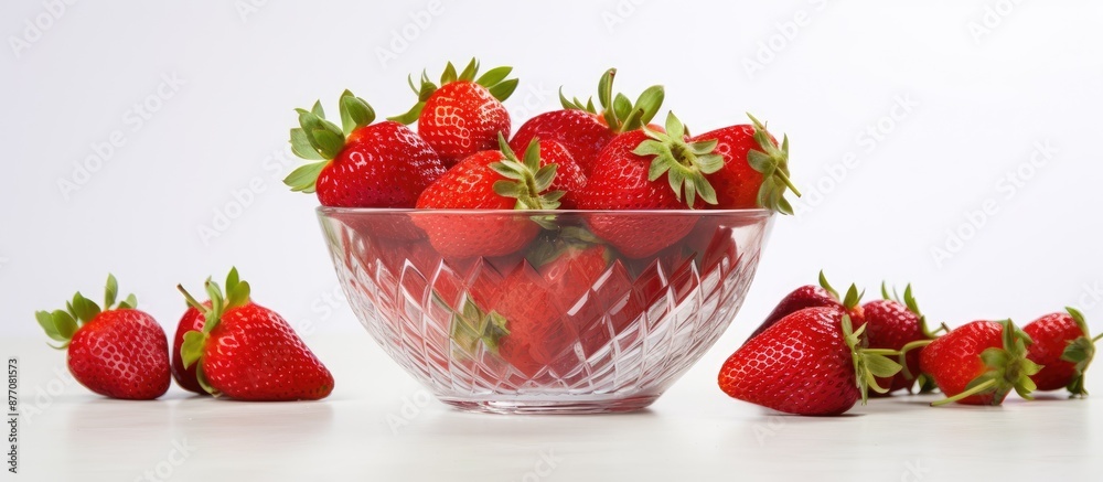 Poster fresh ripe strawberries in a glass bowl on a white background with ample space for text or an image,