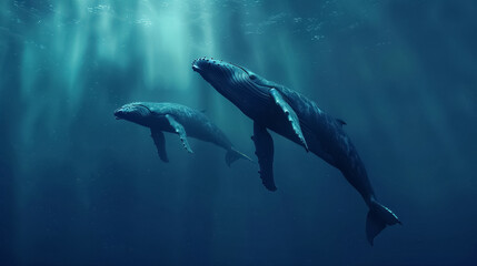 Fototapeta premium A serene underwater scene featuring two whales gracefully swimming in the deep blue ocean, illuminated by natural light rays.