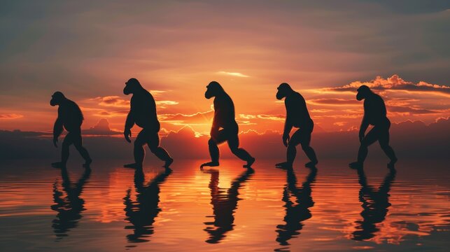 Human evolution. A study of the sequence of biological evolution of Homo sapiens. monkey, ape, ancient humans, modern humansShadows reflecting light when the sun sets. Silhouette concept generative ai