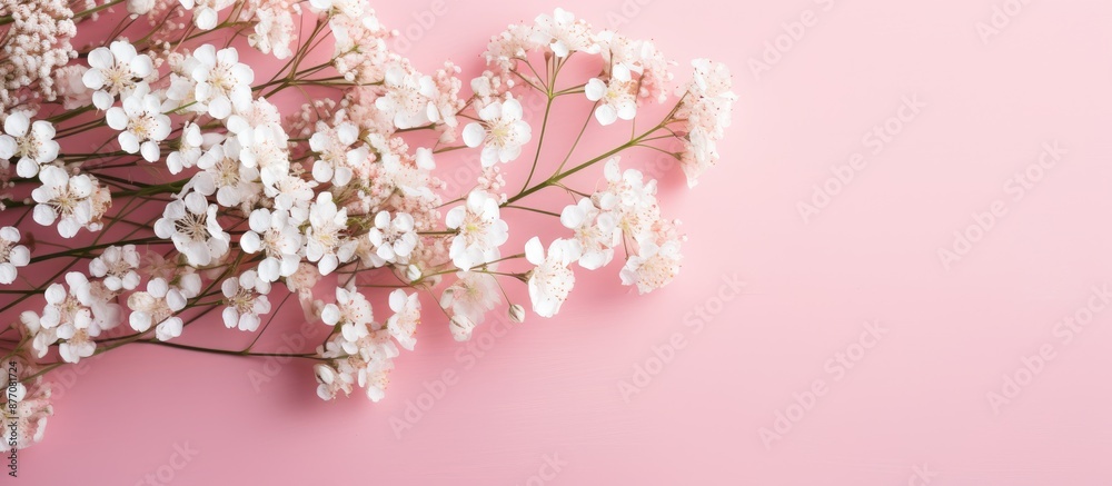 Fototapete Gypsophila flowers displayed on a soft-colored backdrop with a flat lay composition and top view perspective, providing an empty space for additional images or text.