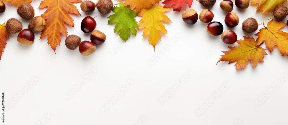 Aufkleber arranged chestnuts with vibrant oak leaves on a white backdrop, providing a charming autumn-themed s