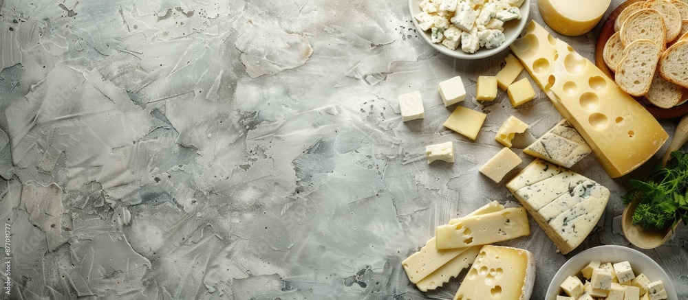 Poster Various types and forms of cheese, representing a healthy food concept, set against a food-themed background with ample copy space for additional elements.