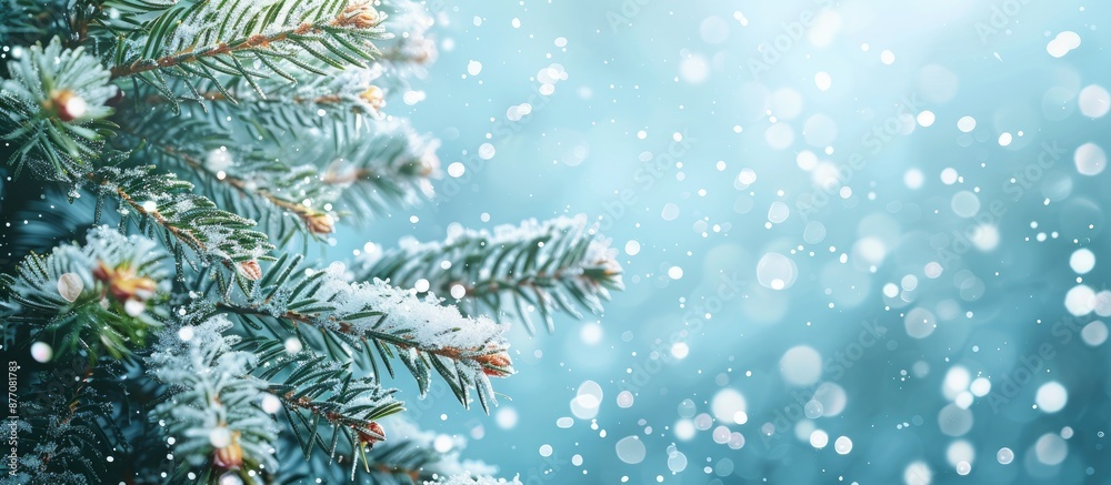 Poster snow-textured blue background features decorated christmas fir tree branches with copy space image.