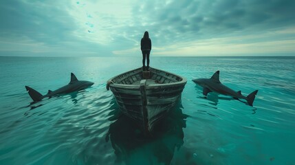 A lone figure stands on a boat surrounded by sharks