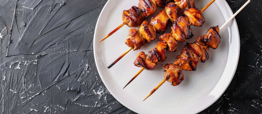 Poster yakitori-style grilled chicken skewers featuring gizzards on a white plate with a copy space image.