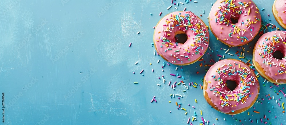 Poster a blue background enhances donuts topped with colorful sprinkles, creating an appealing copy space i