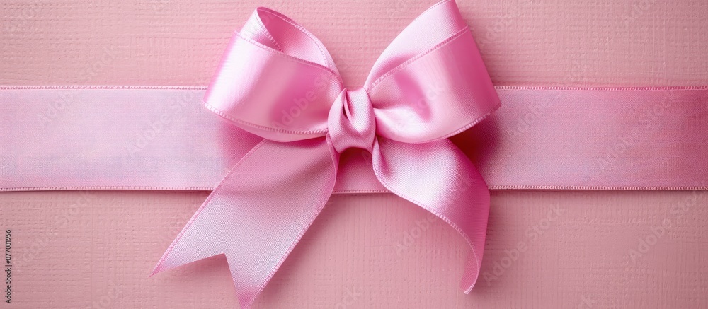 Poster top view of a pink ribbon bow on holiday paper, creating a festive background with ample copy space 