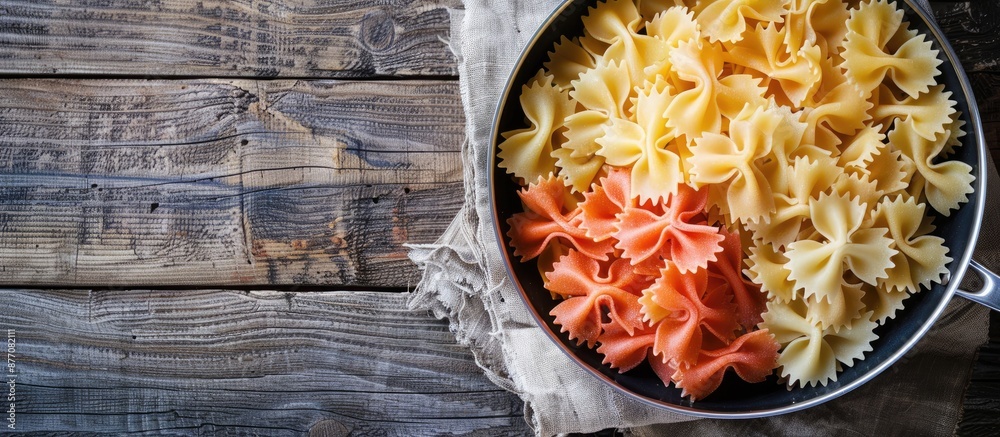 Aufkleber three colors of macaroni farfalle resting in a saucepan, on a napkin, and a wooden background, creat