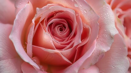 A high-resolution close-up image of a delicate pink rose flower, adorned with water droplets, showcasing the intricate beauty and details of its petals.