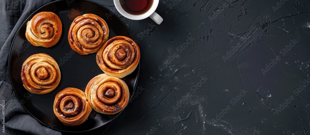 Poster Cinnamon rolls and buns are arranged enticingly on a black plate accompanied by a cup of tea. The dark backdrop enhances the presentation with available copy space image in a top view.