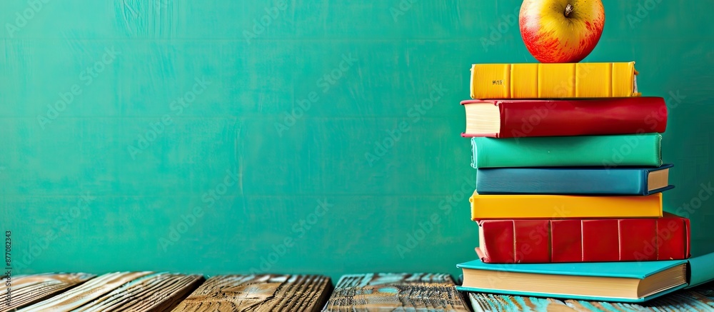 Poster colorful stack of books against an educational backdrop with a back-to-school theme, ideal for incor