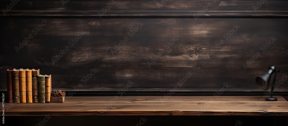 Poster wooden desk with ample copy space image for decoration against a black backdrop, creating a moody am