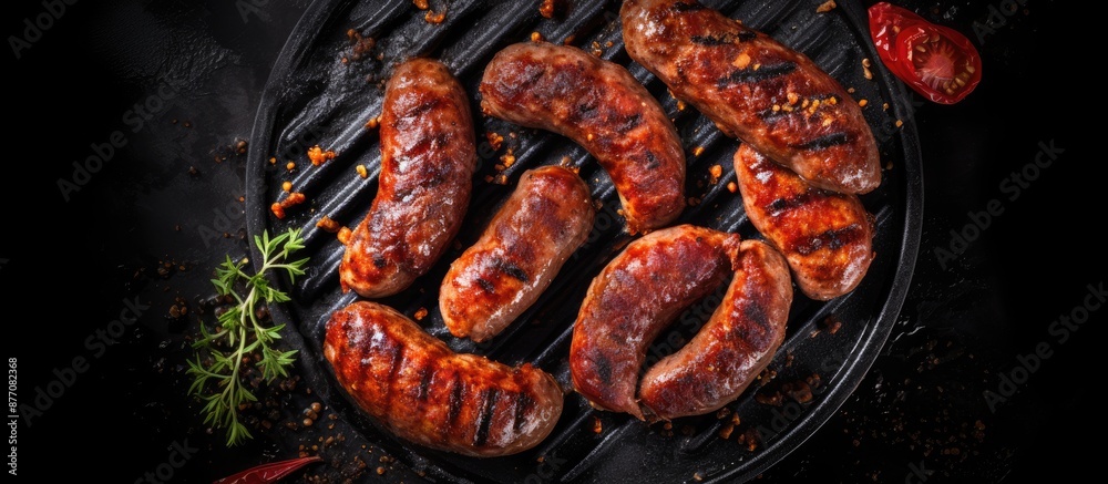 Aufkleber top view of a sucuk beef sausage sizzling on a grill, set against a black background with ample copy