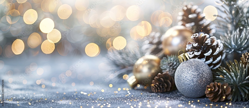 Poster a festive arrangement of christmas tree decorations on a silver background with blurred elements cre