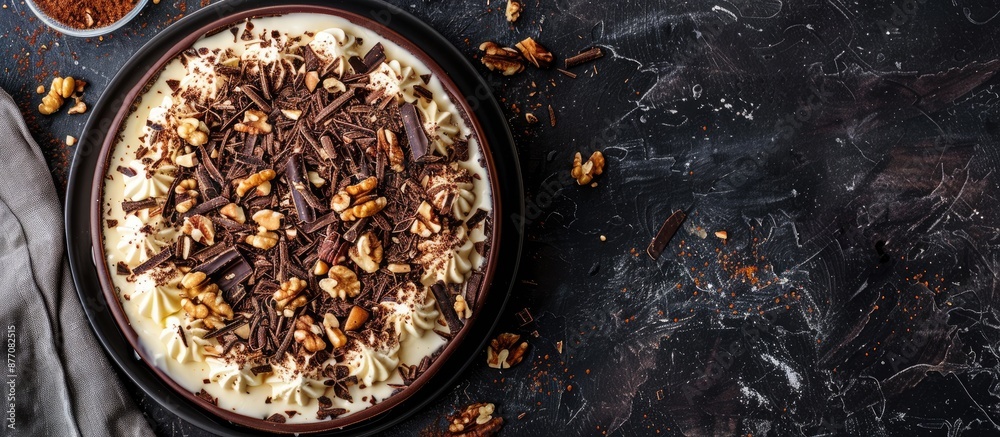 Aufkleber Top view of an Esterhazy cake on a dark background with copy space image. A stunning dessert featuring white and dark chocolate, complemented by nuts.