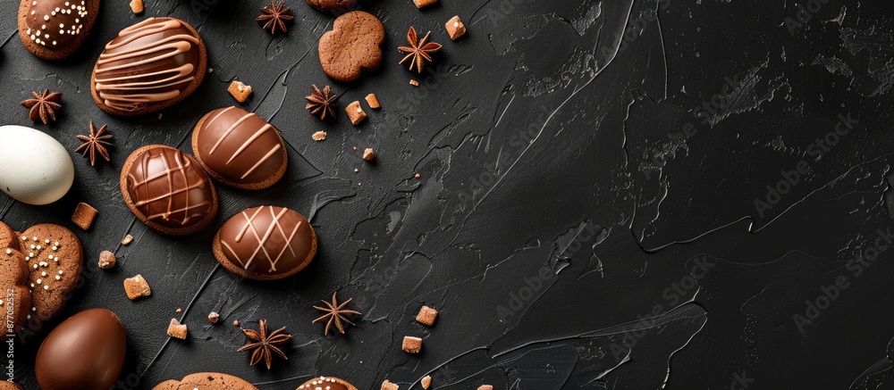 Poster popular easter treats like chocolate eggs and bunny cookies placed on a black background in a top vi