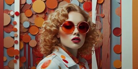 Fashionable Retro Woman with Curly Hair and Vibrant Pop Art Background