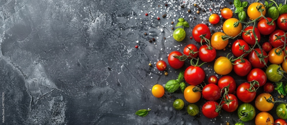 Poster Top view of colorful tomatoes on a stone background with available copy space image.