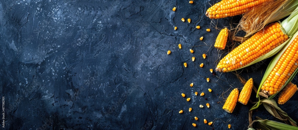 Poster Dark background showcasing raw corn or maize, reflecting the harvest food concept, positioned from a top viewpoint in a flat lay style with ample copy space image.