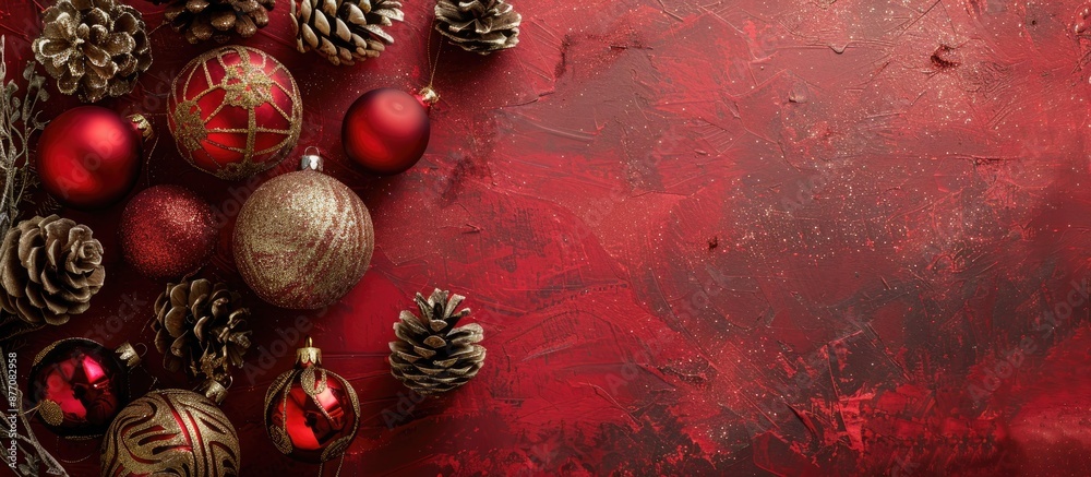Poster Christmas-themed decorations displayed on a textured red background with copy space image.