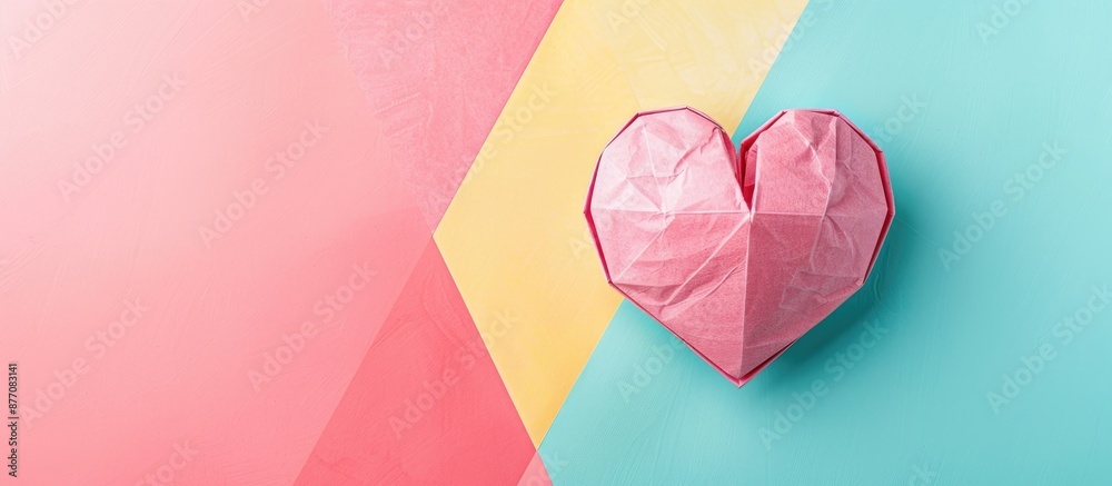 Wall mural A paper pink heart rests on a punchy pastel backdrop, presenting a romantic Valentine's Day theme with a top view and available copy space image.