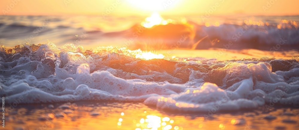 Poster sunset or dawn at the beach with waves over hot sand offers a serene summer backdrop with room for t
